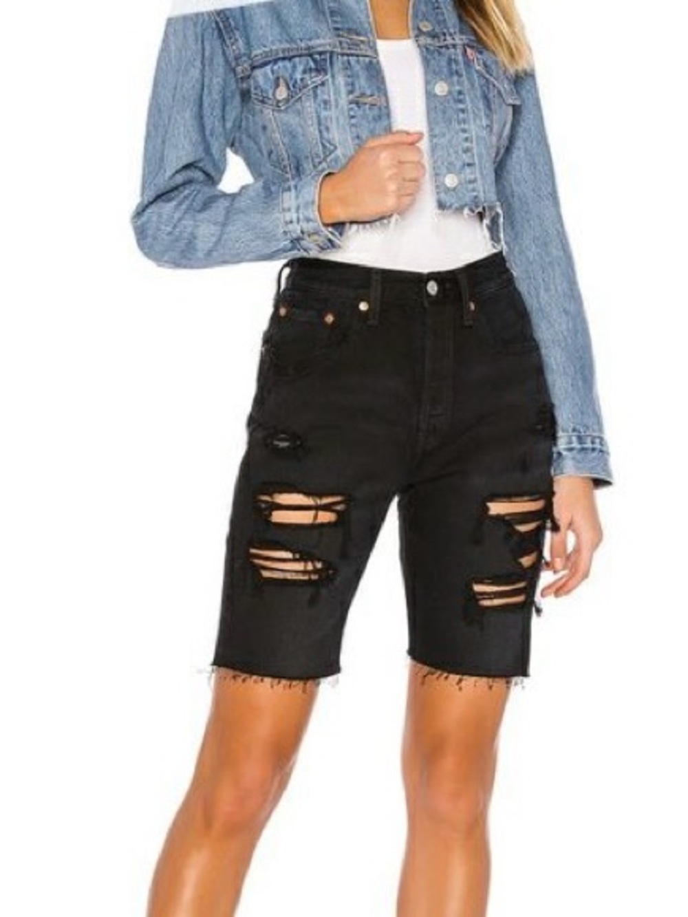 Levi High-Rise Black Distressed Denim Bermuda Shorts